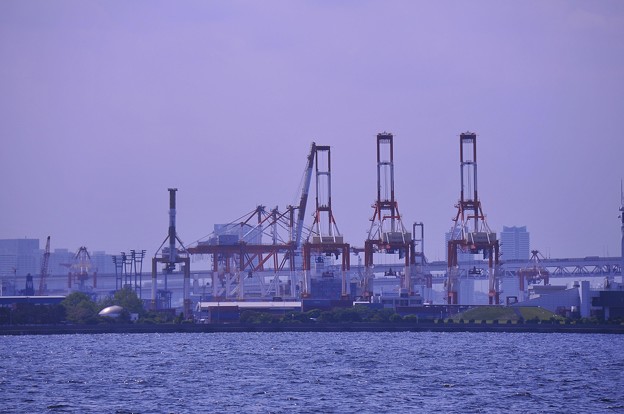 護衛艦やまぎりは横浜港へ向かうと本牧埠頭のキリン群・・20130607