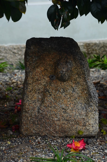 写真: 石仏と散り椿