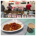 写真: インドフェア_56：飲食コーナーの一角と「豆と野菜のカレーとチキン」と「チャイ」