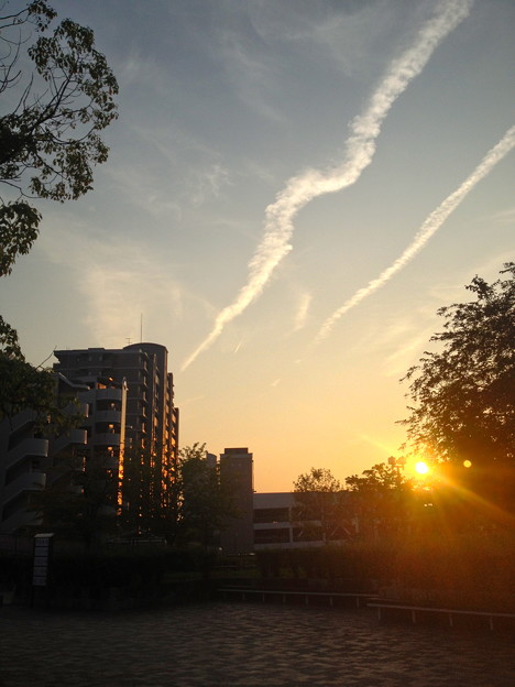 写真: 気と重なった瞬間の夕日、そして飛行機雲 - 4