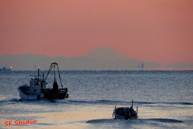 写真: 大淀漁港からの富士山