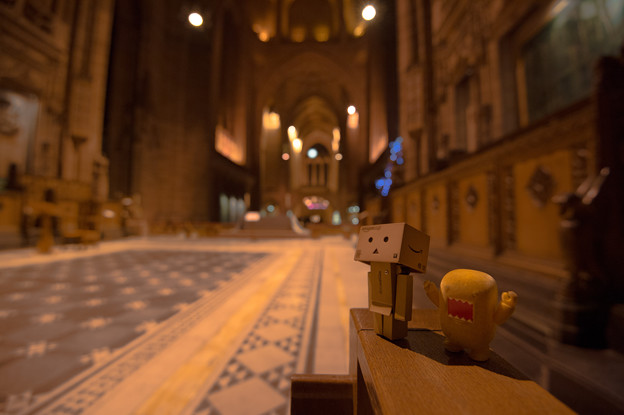 Day 2: Domo and Danbo enjoying Liverpool Cathedral - リバプール大聖堂の眺めを楽しむどーもくんとダンボーくん