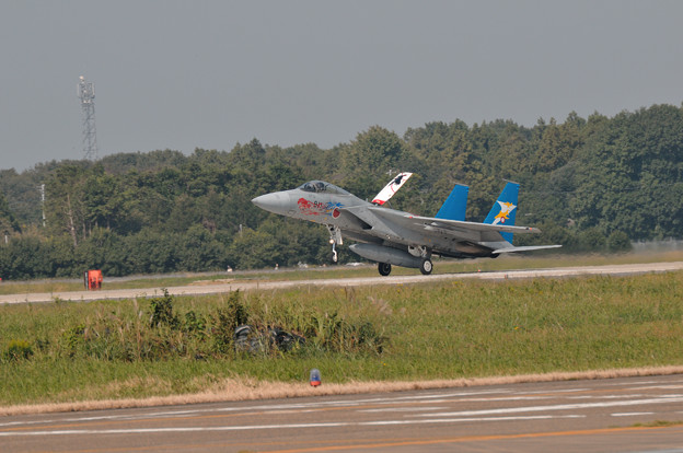 写真: 機動飛行を終えて帰還するF-15J記念塗装機