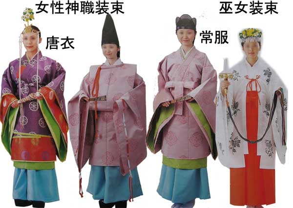 女性神職の装束；Costumes woman priest. The far right is a Shrine maiden costume.