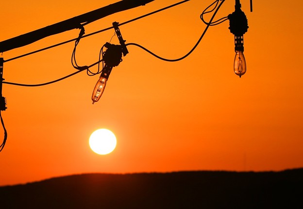 写真: 朝陽で光る漁灯