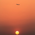 写真: 夕陽と飛行機