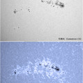 写真: 可視光とカルシウムK線による太陽南部の1785、1787黒点群 (^^)