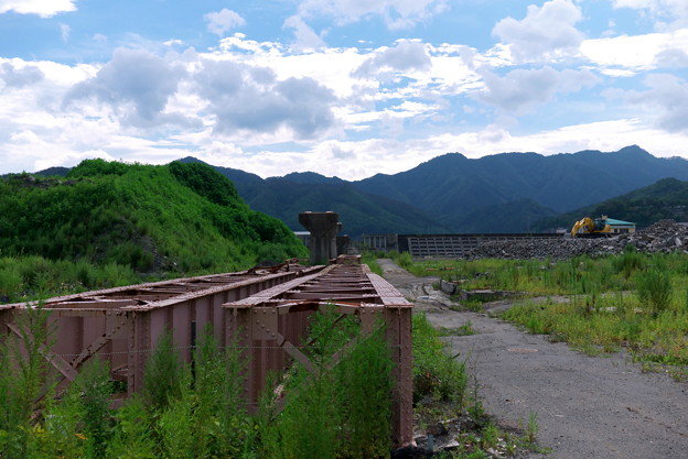 写真: 2012.08.13　大槌町　山田線　橋脚と落ちた桁