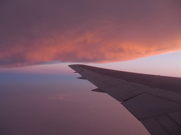 写真: 機内から望む夕焼け雲