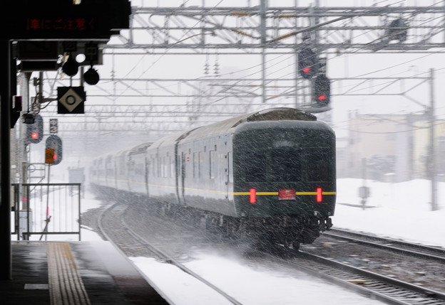 写真: 009　白石駅を通過するトワイライトエクスプレス展望スイート（雪中）