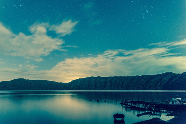 写真: 湖畔の星空