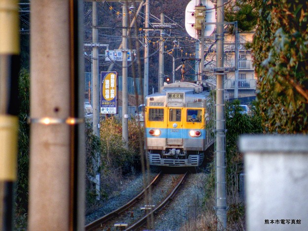 写真: 夕焼けの中を走るきくち電車。