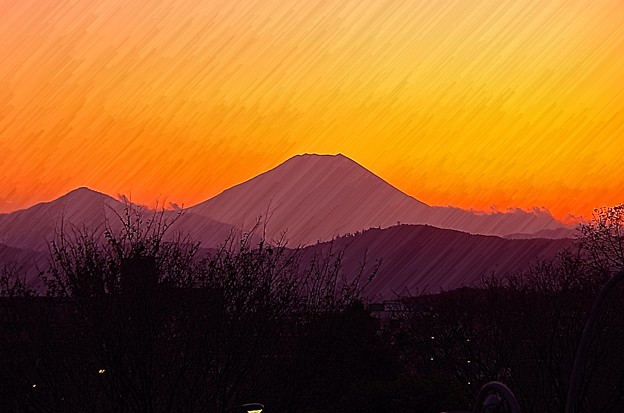 写真: パステルアート 昭和記念公園の丘から見た夕焼けシルエットの富士山