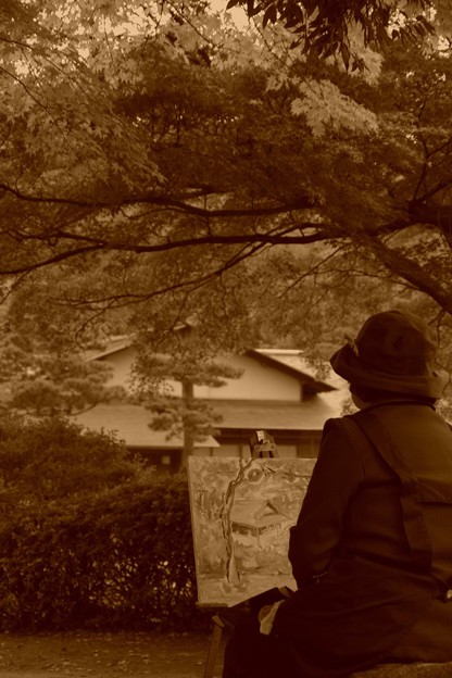 写真: 紅葉風景画を描く・・おばあちゃん 昭和記念公園20131109